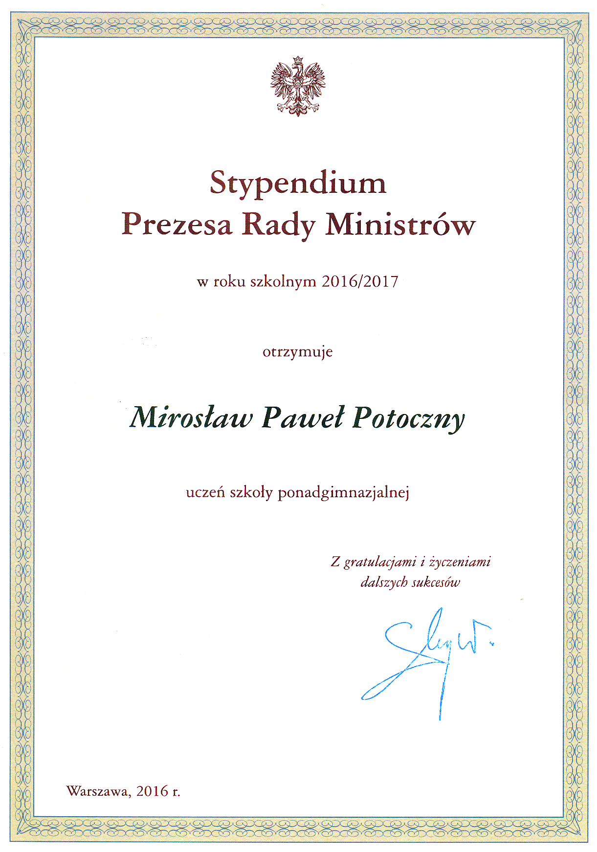 Stypendyści Prezesa Rady Ministrów w roku szkolnym 2016/2017